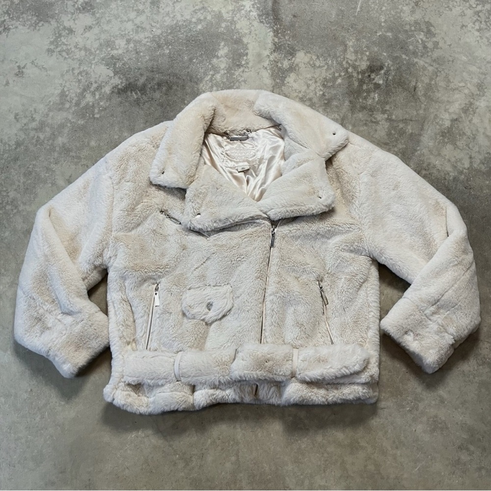 JouJou Faux Fur Jacket Ivory Belted Moto Chic